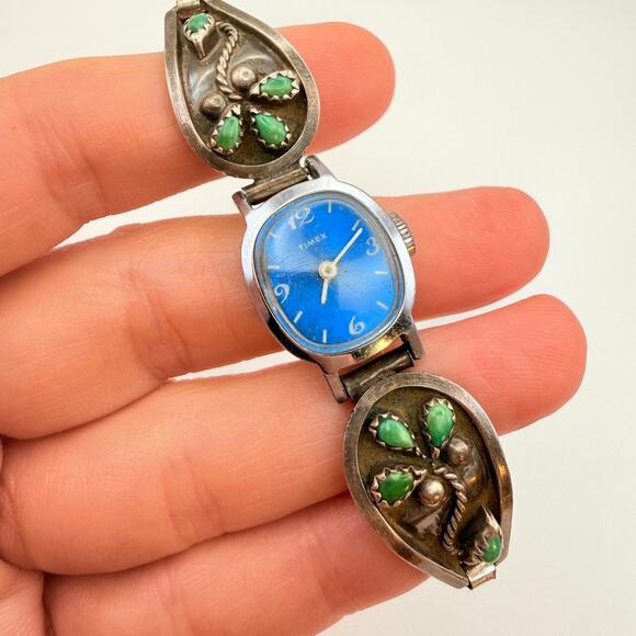 Timex Other - Vtg Old Pawn Sterling Silver Navajo Blue Green Turquoise Watch Band With Timex